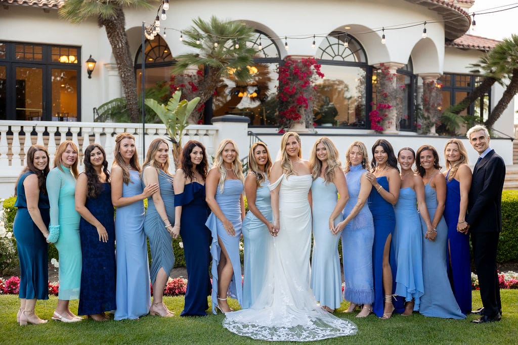 California wedding with bride and her bridal party posing for wedding portraits after wedding glam.