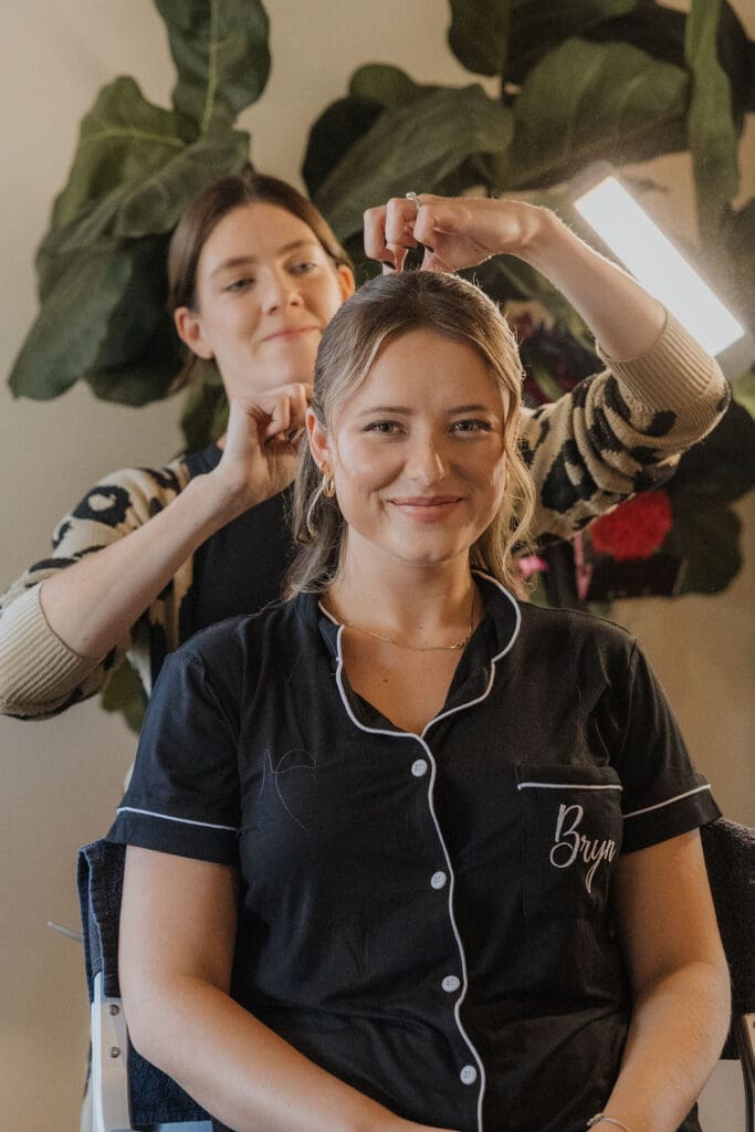 Wedding glam on wedding day with bridal party in Southern California